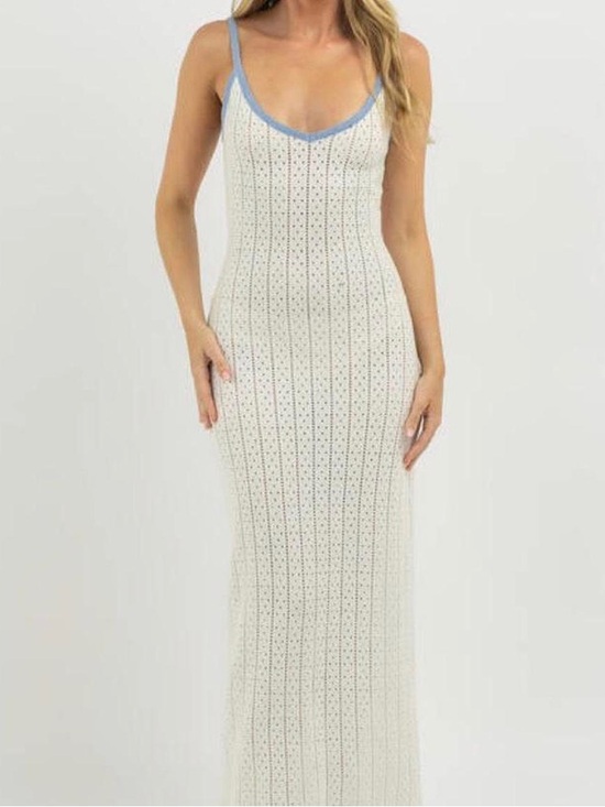 Dresses & Skirts - Cream Knit Maxi Dress with Blue Trim
